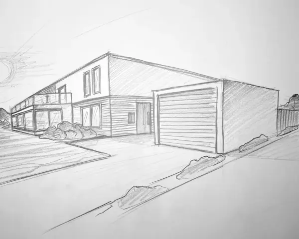 Eine Skizze, um ein modernes Haus zu zeichnen. Das Haus hat einen Balkon, große Fenster und eine Garage.