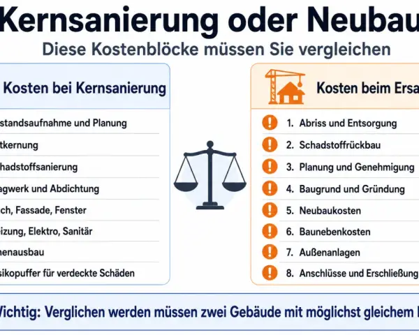 Vergleich von Kostenblöcken bei Kernsanierung (z.B. Planung, Entkernung, Schadstoffsanierung) und Ersatzneubau (Abriss, Neubaukosten).