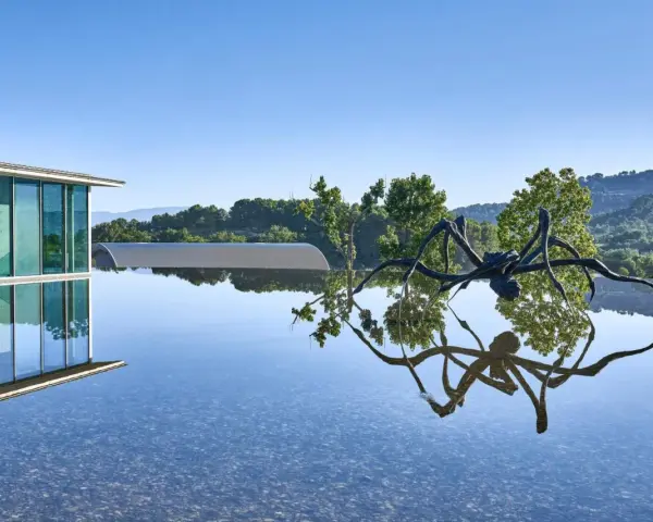 Skulptur einer Spinne spiegelt sich im Wasser vor dem modernen Gebäude des Chateau La Coste.