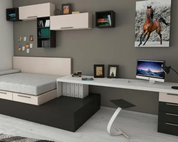 Modernes studentenzimmer einrichten: Bett mit Stauraum, Schreibtisch mit Computer und ein Bild eines galoppierenden Pferdes.