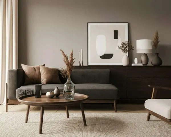 Gemütliches Wohnzimmer, in dem sich braun und grau kombinieren. Ein dunkles Sofa mit Kissen, ein runder Holztisch und ein Teppich schaffen eine warme Atmosphäre.