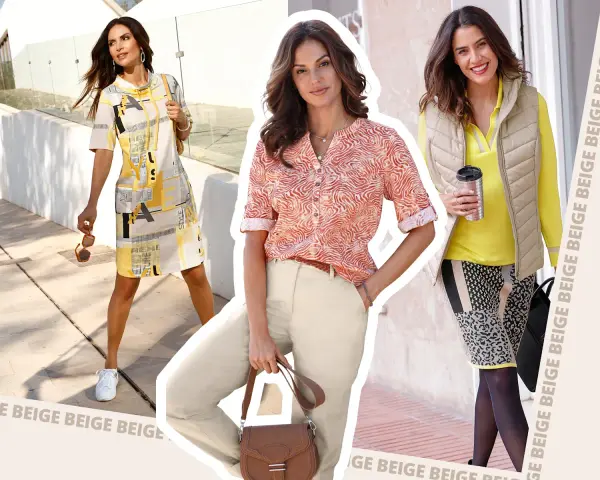 Drei Frauen präsentieren Outfits, die zeigen, welche Farbe passt zu Beige: von gelb-grauem Musterkleid bis zu beige-gelber Weste.