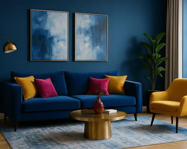 Ein Wohnzimmer mit dunkelblauen Wänden. Ein blauer Samtsofa mit gelben und pinken Kissen. Ein gelber Sessel. Welche Farbe passt zu dunkelblau? Gelb und Pink!