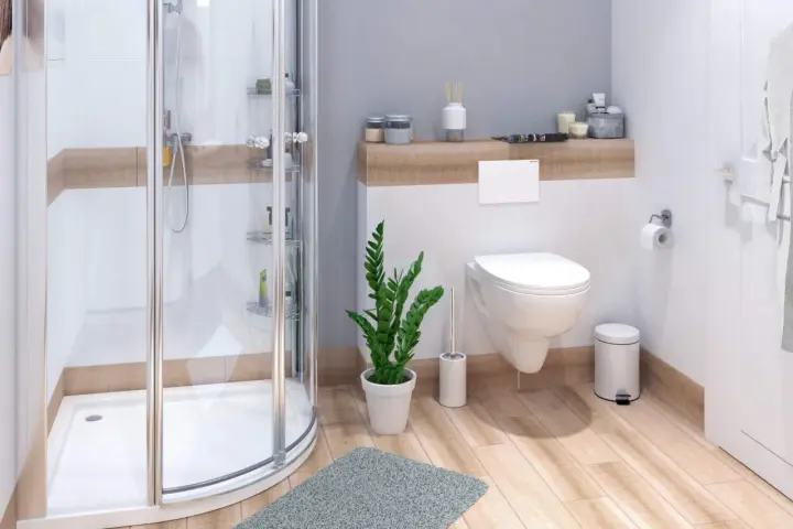 Ein kleines Badezimmer modern gestalten: Duschkabine, Hänge-WC, Pflanzen und Holzoptik schaffen eine Wohlfühloase.