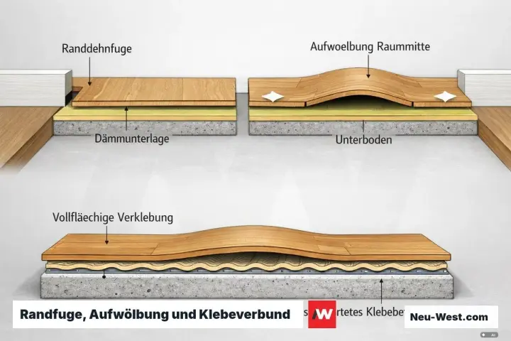 Holzboden-Aufbau mit Randfuge, Aufwölbung und vollflächiger Verklebung.
