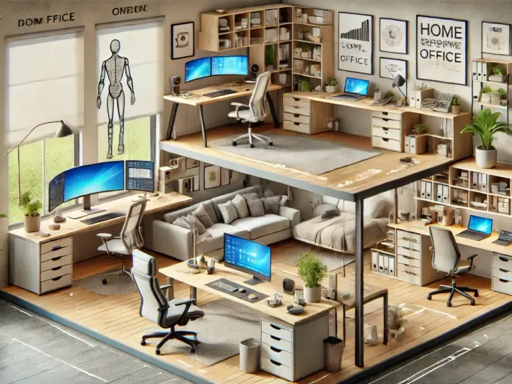Ein modernes, zweistöckiges Homeoffice einrichten mit mehreren Arbeitsplätzen, gemütlicher Sitzecke und viel Stauraum.