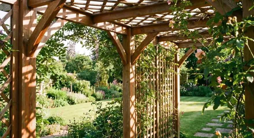 Holzpergola mit Kletterrosen und Glyzinien, die den Garten umrahmen. Die Pergola Bedeutung als romantischer Rückzugsort im Grünen.
