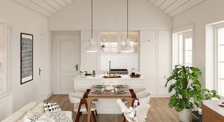 Gemütliches tiny house interior mit Essbereich, Küche und Wohnzimmer. Helle Farben, Holzfußboden und Pflanzen schaffen eine einladende Atmosphäre.