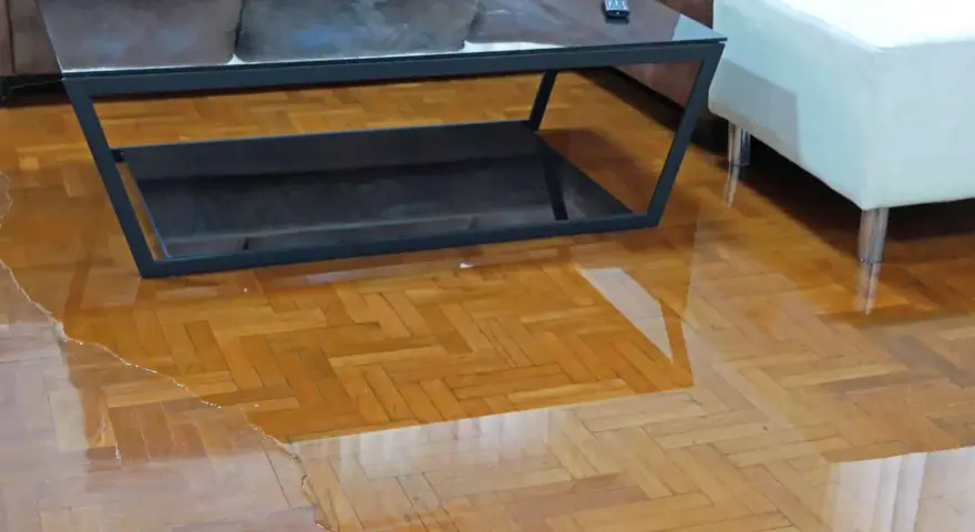 Wasserpfütze auf dem Holzboden, der Parkettboden ist aufgequollen und beschädigt. Ein Couchtisch steht im nassen Bereich.