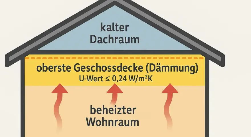 Schema eines Kaltdach-Aufbaus: Warme Luft steigt aus dem beheizten Wohnraum zur gedämmten obersten Geschossdecke auf und gelangt in den kalten Dachraum.