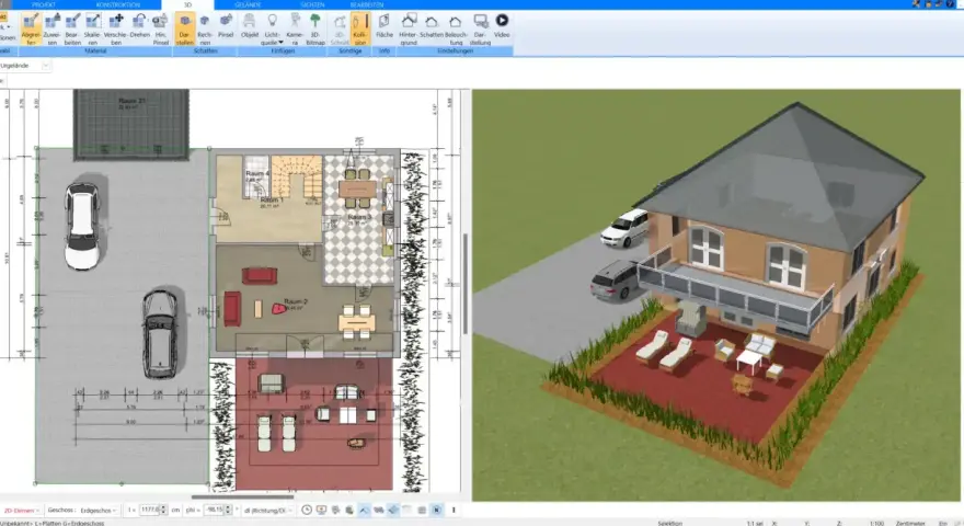 Grundriss eines kleinen Hauses mit 2 Etagen, Garage und Garten. Der Grundriss zeigt Räume, Möbel und Autos.