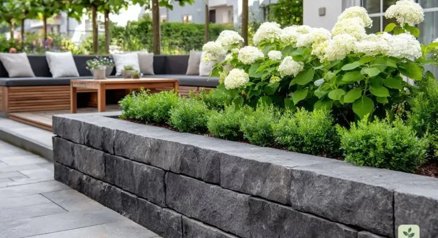 Moderne Terrasse mit Steinmauer und einem üppigen Beet. Ein gemütliches Lounge-Set lädt zum Entspannen ein.
