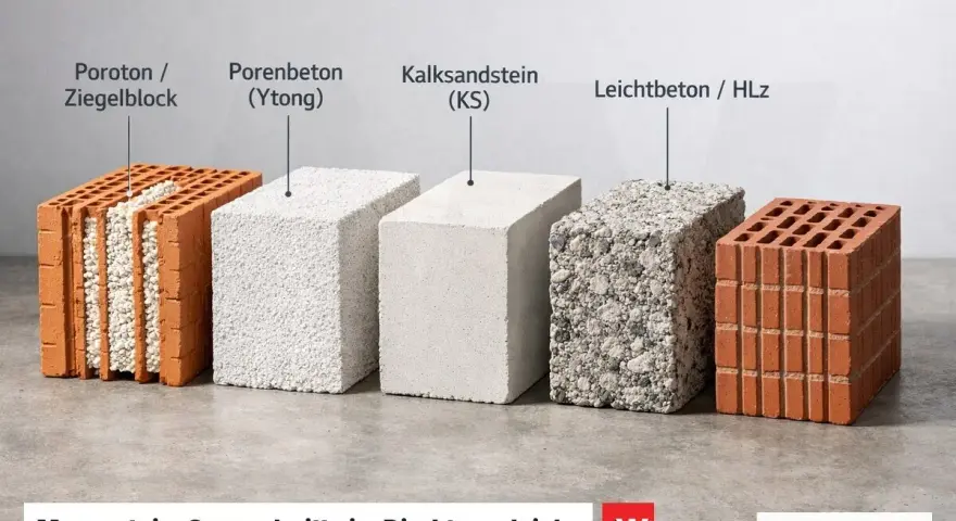 Vergleich verschiedener Mauerwerk Steine Arten: Poroton, Porenbeton, Kalksandstein und Leichtbeton.