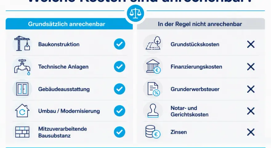Übersicht anrechenbarer Kosten nach HOAI, z.B. Baukonstruktion, technische Anlagen. Nicht anrechenbar sind Grundstückskosten, Finanzierungskosten, Grunderwerbsteuer, Notar- und Gerichtskosten sowie Zinsen, relevant für die leistungsphase 7.