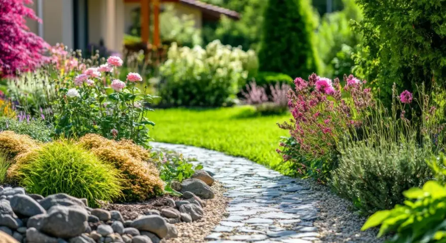 Ein geschwungener Steinweg führt durch einen blühenden Garten. Perfekt, um Ideen für das **Garten umgestalten** zu sammeln.