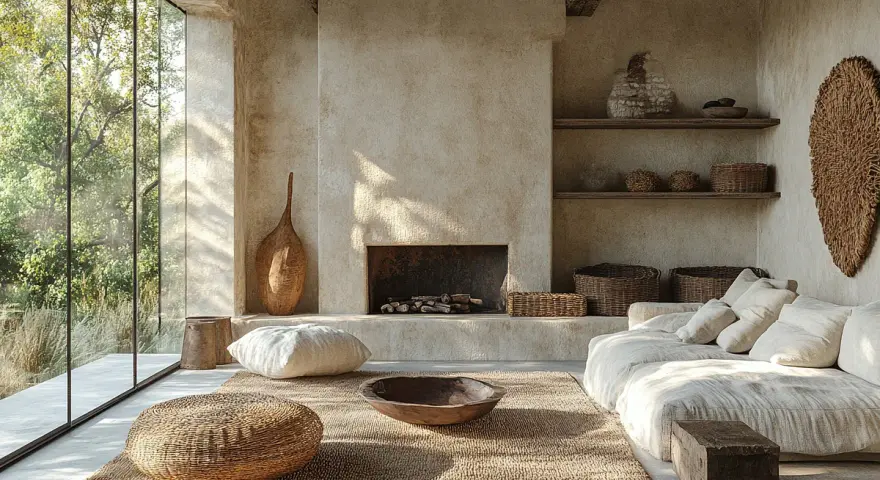 Gemütliches Wohnzimmer im **wabi sabi stil** mit Kamin, großem Fenster und natürlichen Materialien.