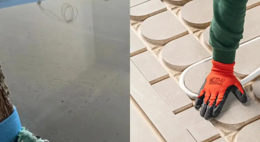 Links: frisch gegossener Estrich. Rechts: Verlegung von Heizungsrohren in einem Trockenestrich-System.
