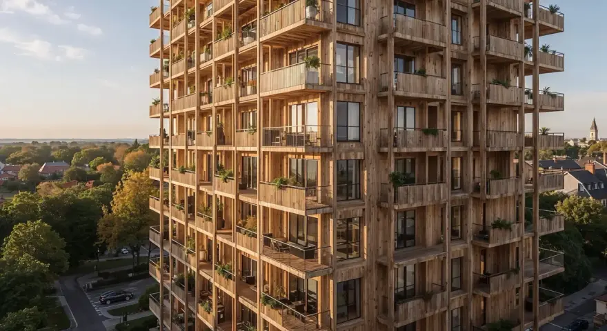 Ein Hochhaus aus Holz, das **nachhaltige Architektur** verkörpert. Viele Balkone mit Pflanzen schmücken die Fassade.