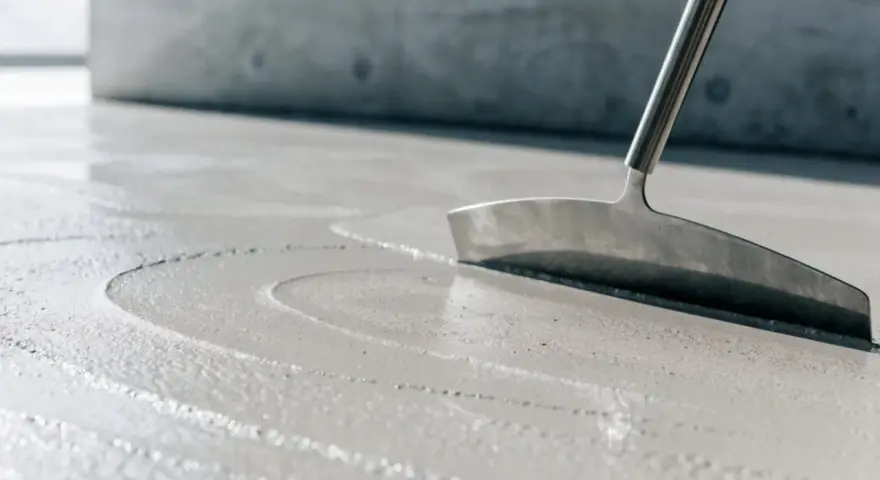 Glatter, nasser Beton wird mit einem Werkzeug bearbeitet, um die Oberfläche für das Beton ausschalen vorzubereiten.