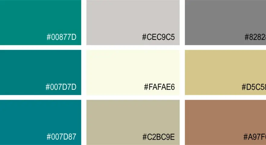 Farbpalette mit Petroltönen und passenden neutralen Farben wie Grau, Beige und Braun. Welche Farbe passt zu Petrol? Hier sind einige Optionen.