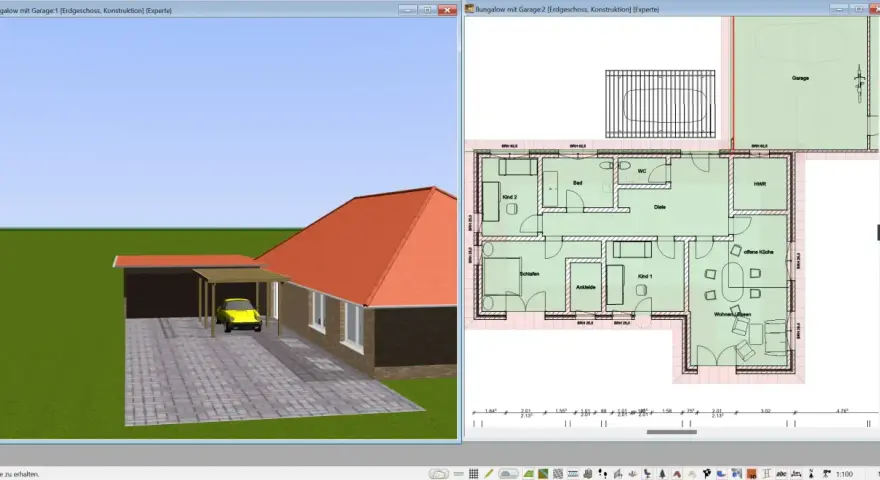 Ein Bungalow ist ein ebenerdiges Haus. Dieses Bild zeigt einen 3D-Entwurf und einen Grundriss eines Bungalows mit Garage.