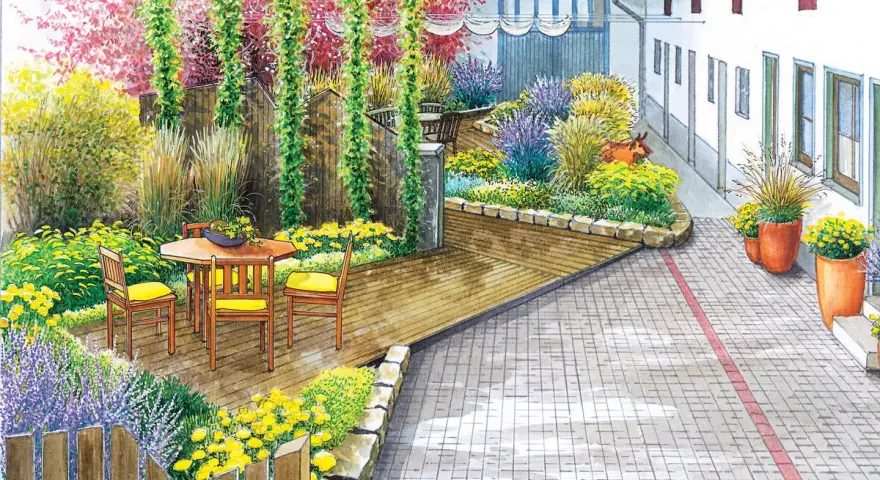 Ein idyllischer Innenhof mit Holzdeck, Sitzgruppe und üppiger Bepflanzung. Tolle Ideen zur Gestaltung eines Innenhofs mit bunten Blumen und Gräsern.
