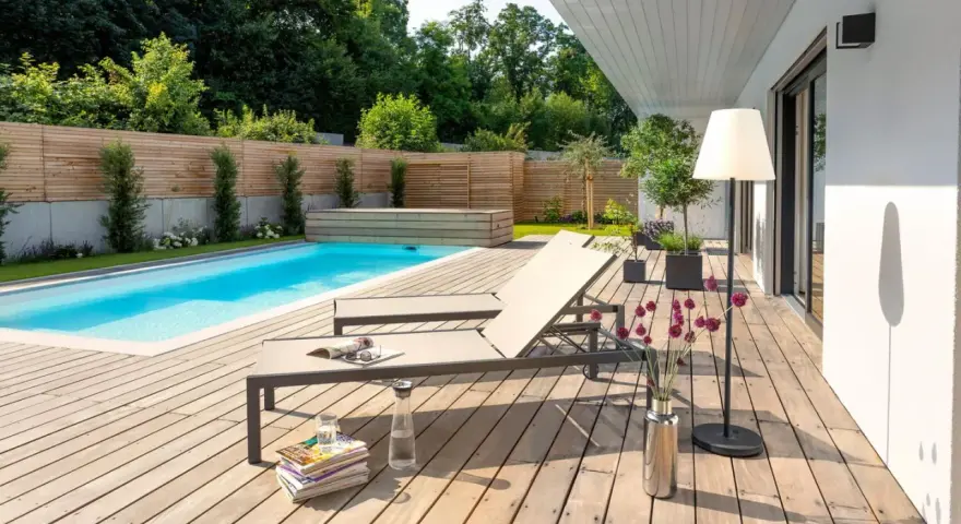 Traumhafte gartengestaltung mit pool und terrasse. Zwei Liegen laden zum Entspannen ein, während der Pool erfrischt.