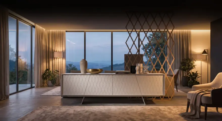 Stilvolles Sideboard dekorieren mit Vasen, Büchern und einer Sanduhr. Ein eleganter Raum mit großen Fenstern und gemütlicher Beleuchtung.