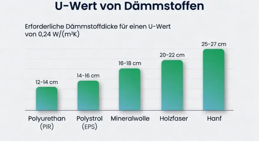 Balkendiagramm zeigt, wie dick Dämmstoffe für einen U-Wert von 0,24 W/(m²K) sein müssen: Hanf am dicksten (25-27 cm), Polyurethan am dünnsten (12-14 cm).