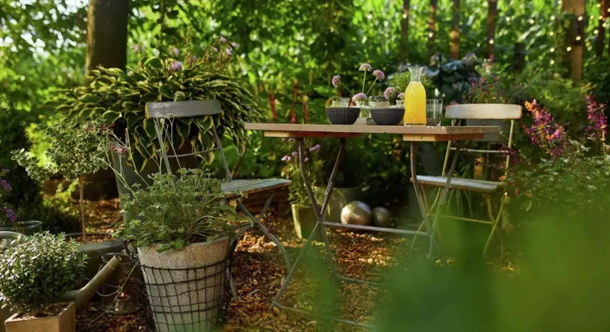Gemütliche Gartenecke mit Tisch und Stühlen, umgeben von üppigem Grün. Rindenmulch garten ideen für eine natürliche Atmosphäre.