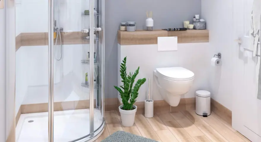 Ein kleines Badezimmer modern gestalten: Duschkabine, Hänge-WC, Pflanzen und Holzoptik schaffen eine Wohlfühloase.