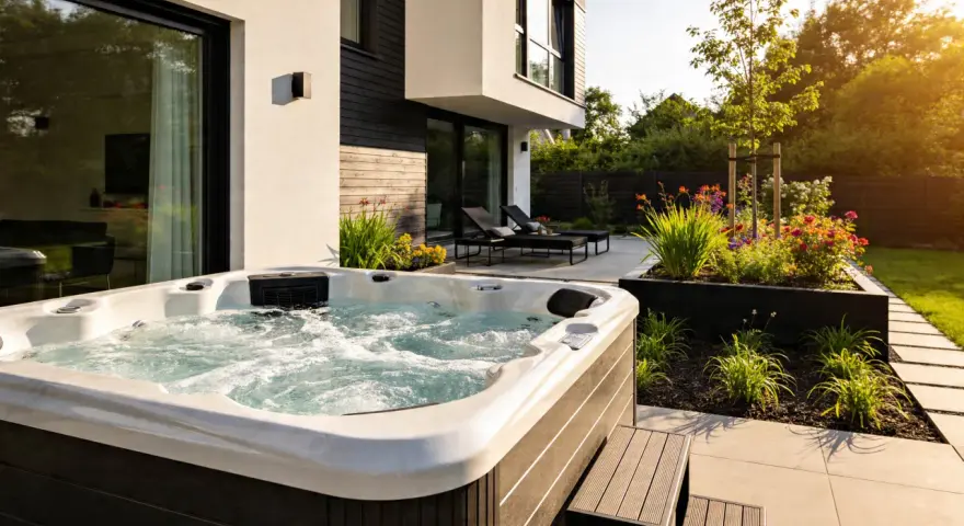 Ein sprudelndes **Jacuzzi** im Garten, umgeben von Blumen und moderner Architektur. Entspannung pur nach einem langen Tag.