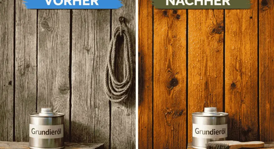 Vorher/Nachher: Graues Holz wird mit Grundieröl zu warmem Braun. Wandfarbe auf Holz schützt und verschönert.