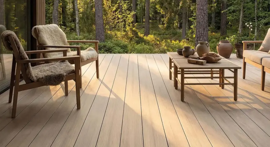 Holzdeck mit bequemen Sesseln und Tisch, umgeben von Wald. Ein **garten skandinavisch gestalten** – minimalistisch und naturverbunden.