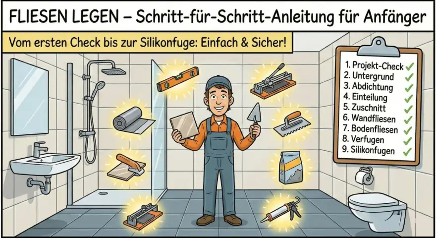 Anleitung zum Fliesenlegen: Ein Mann im Badezimmer hält eine Fliese. Werkzeuge wie Fliesenleger, Wasserwaage und Silikonpistole sind zu sehen. So werden die Fliesen begehbar.