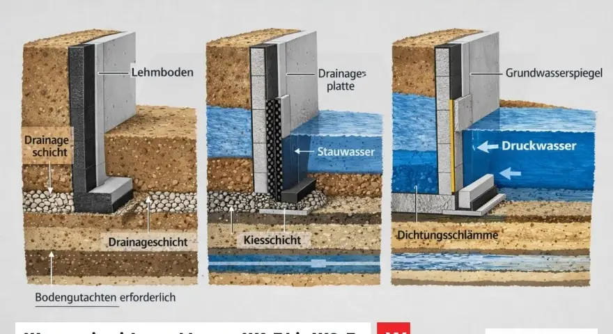 Drei Szenarien zeigen, wie Beton mit Feuchtigkeit, Stauwasser und Druckwasser umgeht. Beton ist wasserdicht, aber die Abdichtung ist entscheidend.