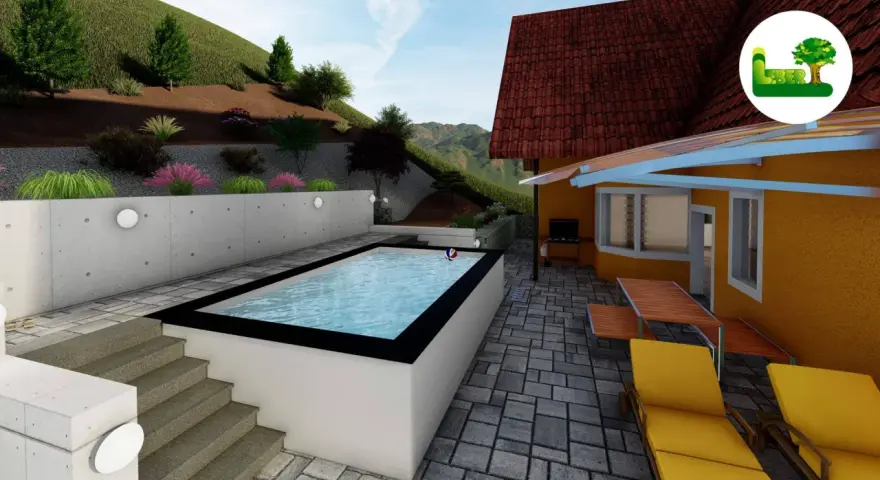 Moderne Pool am Hang Ideen: Rechteckiger Pool mit Sonnendeck, Grill und Liegestühlen vor einem Haus mit Ziegeldach.
