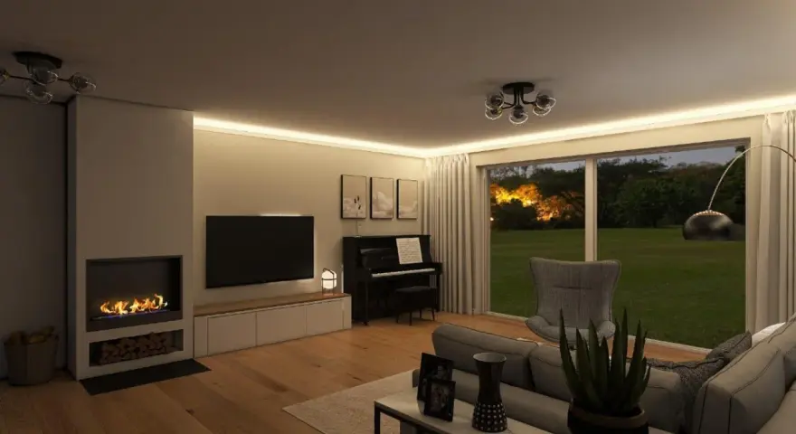 Gemütliches Wohnzimmer mit Kamin, Klavier und großem Fenster zum Garten. Ein perfekter Ort, um stilvoll einzurichten und zu entspannen.
