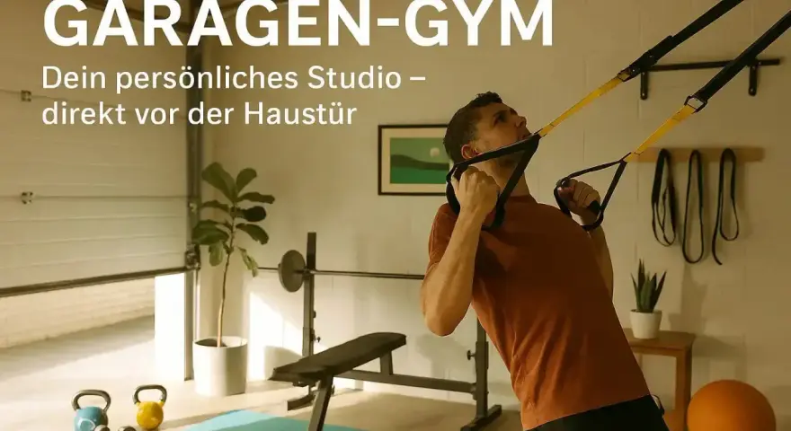 Mann trainiert mit TRX-Bändern in einer Garage, die zu einem Fitnessstudio umfunktioniert wurde. Tolle Garage Gym Ideen für dein Zuhause.