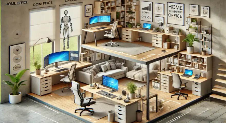Ein modernes, zweistöckiges Homeoffice einrichten mit mehreren Arbeitsplätzen, gemütlicher Sitzecke und viel Stauraum.