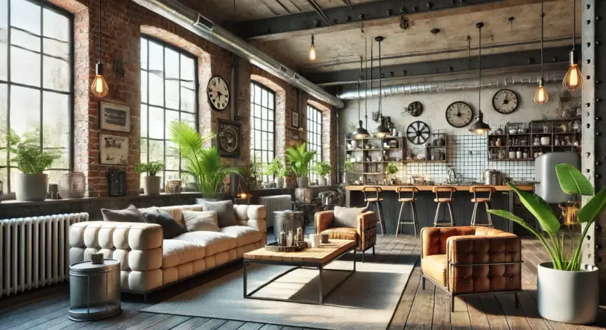 Gemütliches Wohnzimmer im industrial style mit Backsteinwänden, großen Fenstern, bequemen Sofas und einer Küchenzeile.