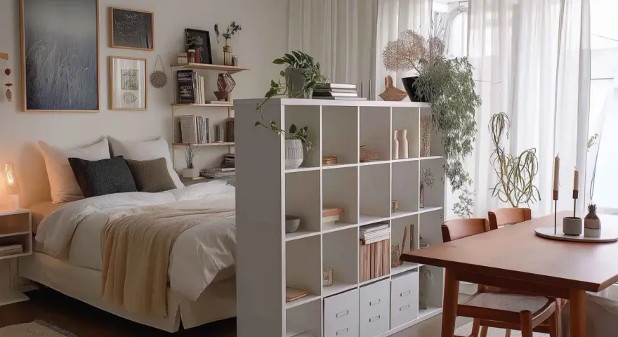 Gemütliche 1 Zimmer Wohnung einrichten 30qm: Bett, Regal als Raumteiler, Esstisch mit Stühlen und Pflanzen.