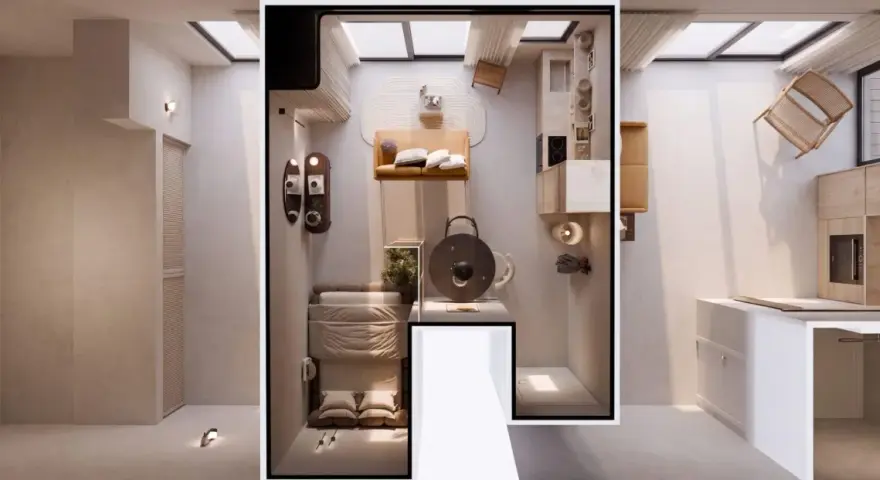 Clever einzimmerwohnung einrichten: Schlafbereich, Küche und Wohnzone sind stilvoll integriert. Minimalistisch und funktional.