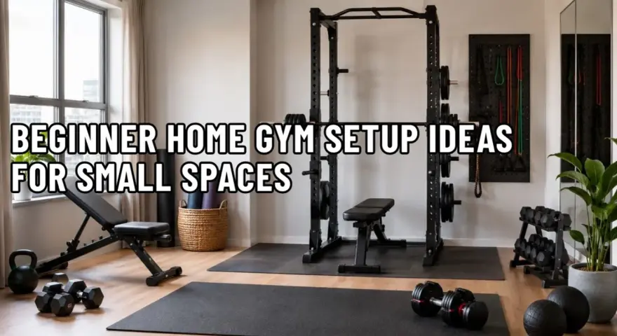 Kleiner Fitnessraum zuhause mit Hanteln, Bank und Power Rack. Perfekt für Anfänger, die Platz sparen wollen.