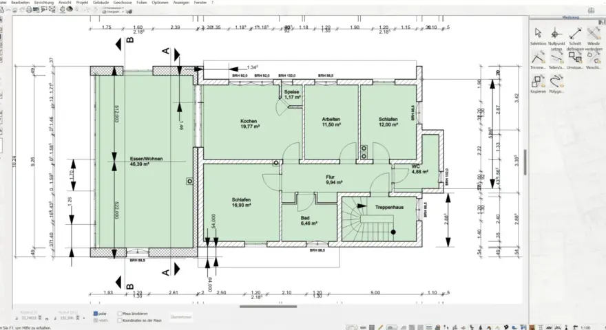 Grundriss-Ansicht eines Hauses mit Räumen wie "Essen/Wohnen", "Kochen", "Schlafen" und "Treppenhaus". Der Schnitt Architektur zeigt die Aufteilung der Räume.