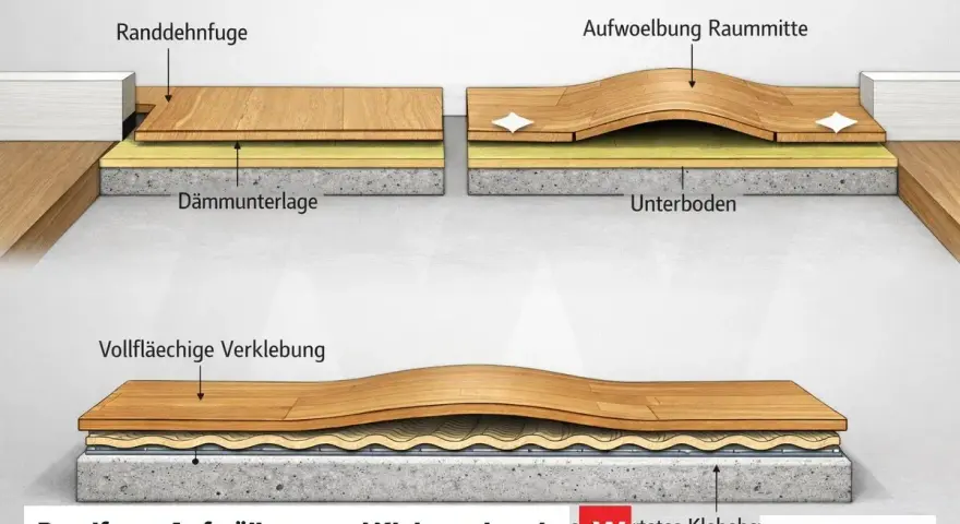 Holzboden-Aufbau mit Randfuge, Aufwölbung und vollflächiger Verklebung.