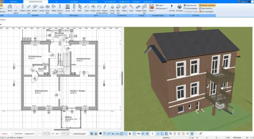 Eine Wohnungsskizze erstellen: Grundriss mit Räumen wie Wohnzimmer, Schlafzimmer, Küche, Bad/WC und Balkon. Daneben die 3D-Ansicht des Hauses.