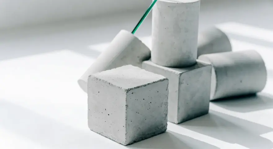 Betonwürfel und -zylinder in verschiedenen Formen, die die Vielfalt der **Beton festigkeitsklassen** symbolisieren. Ein grüner Stab ragt aus einem der Objekte.