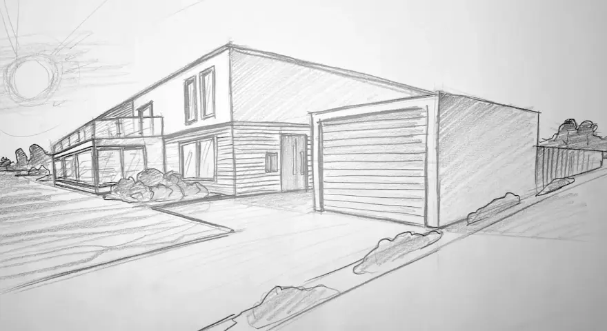 Eine Skizze, um ein modernes Haus zu zeichnen. Das Haus hat einen Balkon, große Fenster und eine Garage.