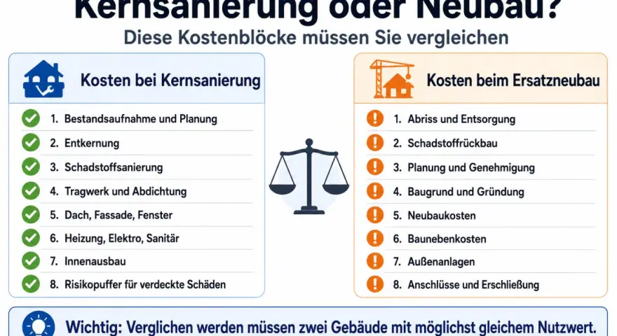 Vergleich von Kostenblöcken bei Kernsanierung (z.B. Planung, Entkernung, Schadstoffsanierung) und Ersatzneubau (Abriss, Neubaukosten).